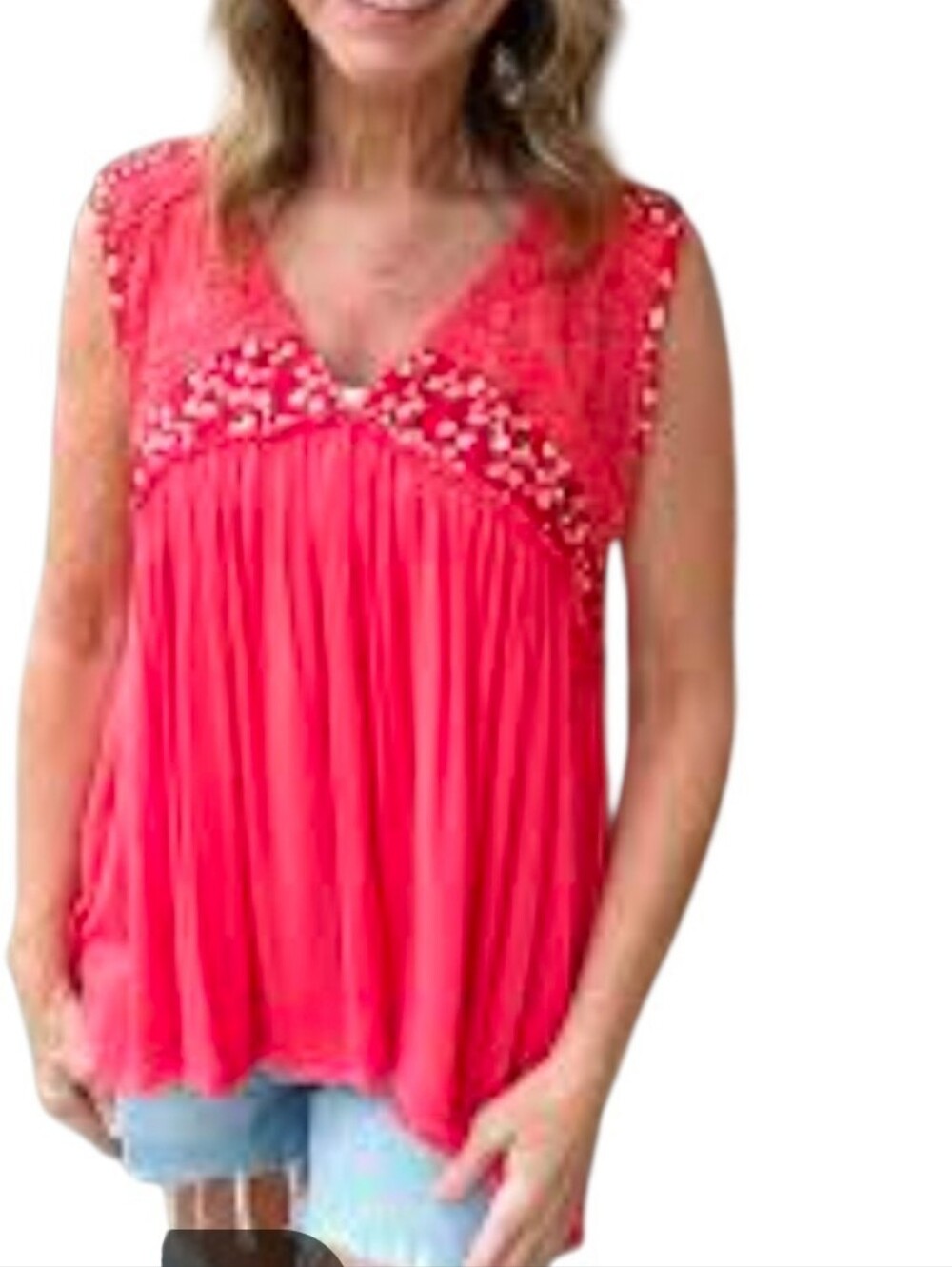 POL Red Mixed Print Floral Lace Accent Peplum Flowy Tank - Small
